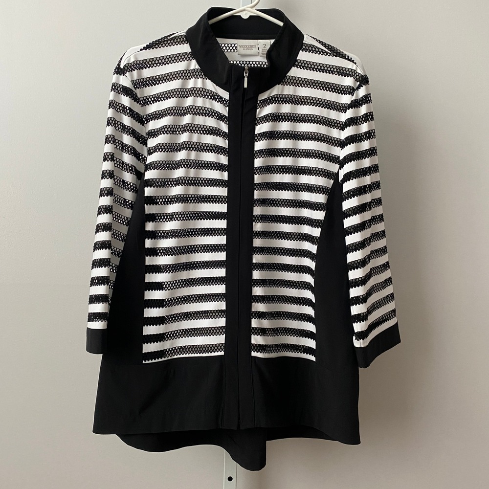 Weekends by‎ Chico's Office Siren Sporty Chic Zip Mesh Stripe Jacket 2 Black Wht